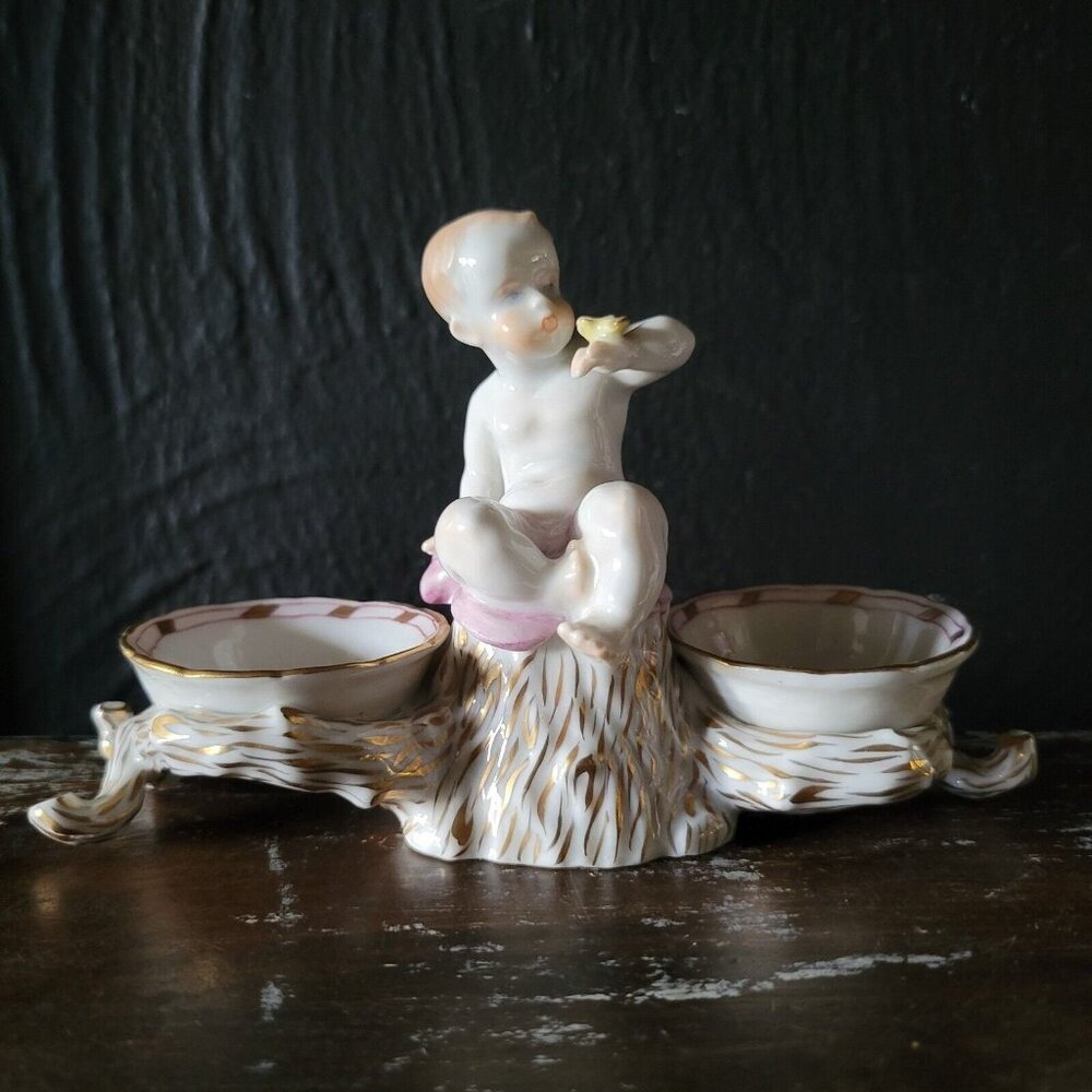 Herend Porcelain Pink Bouquet Double Open Salt Baby and Bird Porcelain Dip, #225